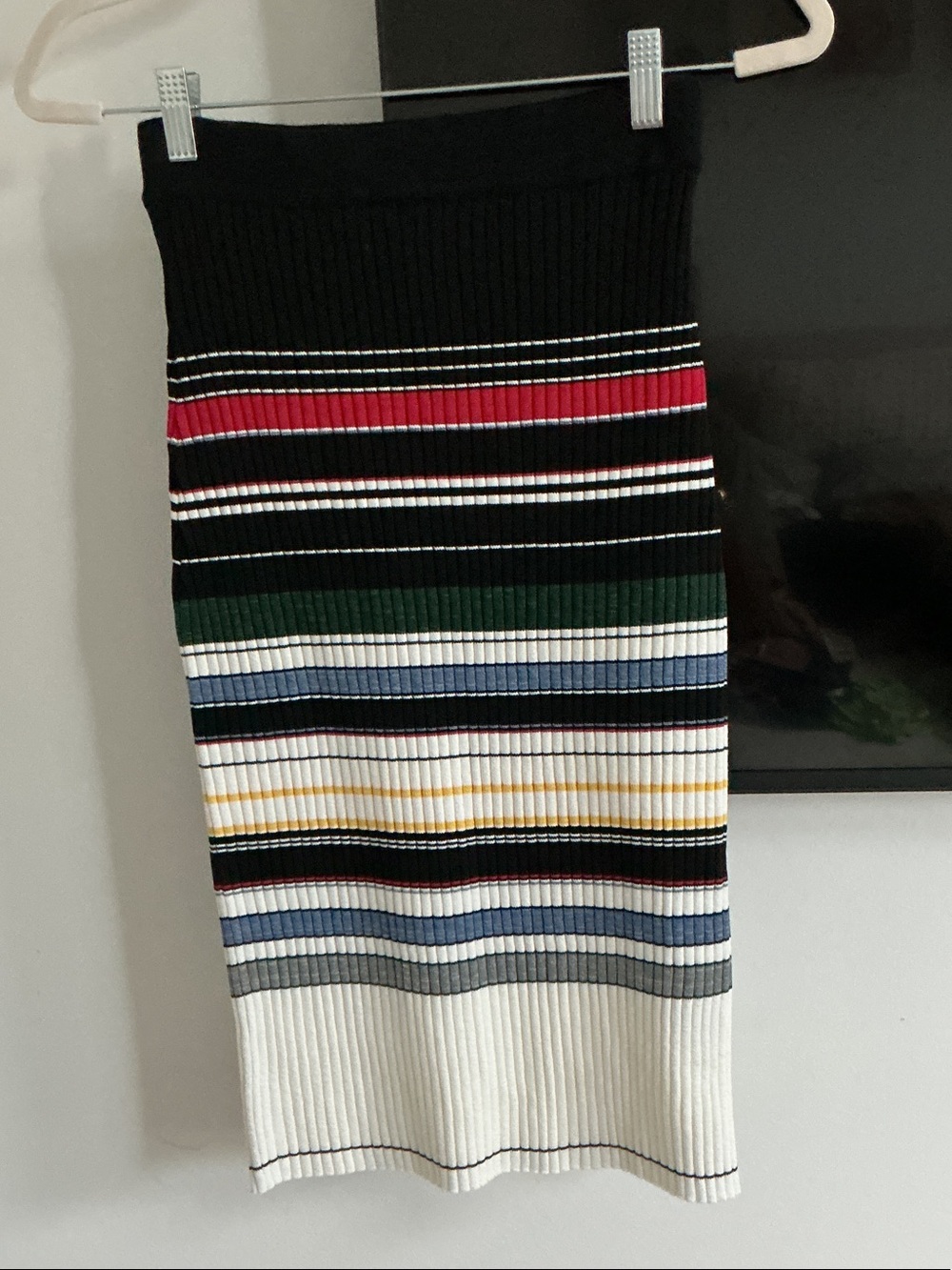 Black Multi-Stripe Ribbed Midi Skirt
